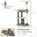 Albero Tiragraffi per Gatti a 3 Livelli H105 cm con Pali in Sisal Grigio