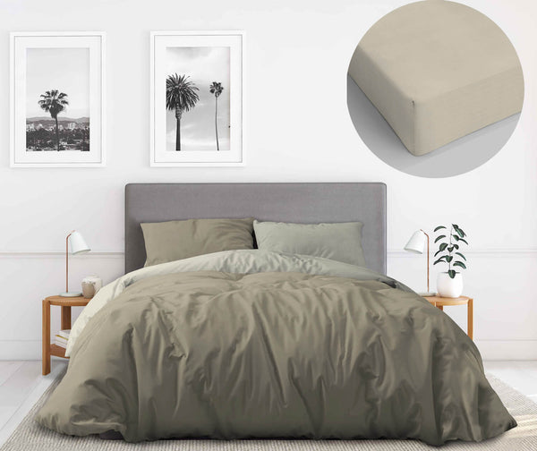 Kit Copripiumino e Lenzuolo Sotto Matrimoniale con Sacco e Federe Doubleface Tortora/Panna prezzo