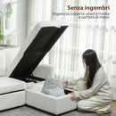 Divano Letto con Chaise Longue 192x148x86 cm con Vano Portaoggetti a Scomparsa Effetto Lino Bianco Crema      