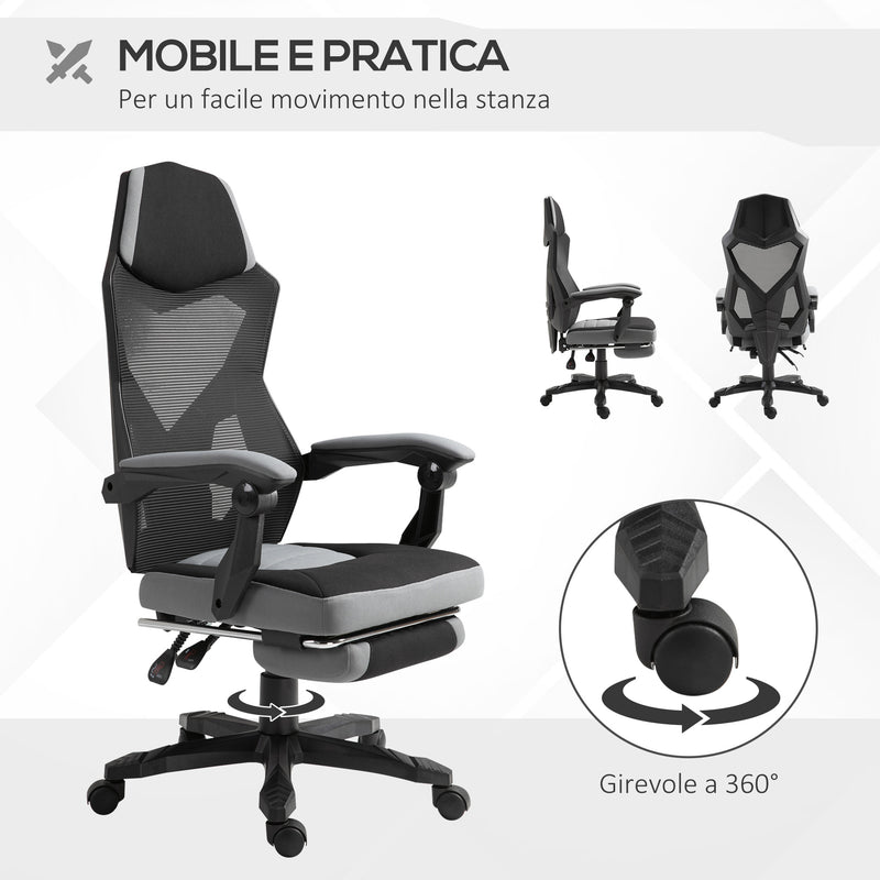 Sedia da Gaming Ergonomica con Schienale Reclinabile e Poggiapiedi Retrattile in Tessuto Grigio   