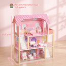 Casa delle Bambole per Bambini 3-6 Anni 59x23,6x69,5 cm a 3 Piani con 10 Mobili e 6 Stanze in MDF e Legno di Pino Rosa      