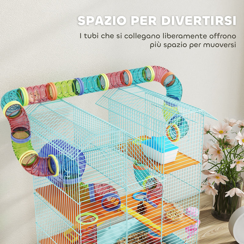 Gabbia per Criceti a 5 Piani 47x30x59 cm con Tubi Colorati e Accessori in Metallo Azzurro  