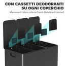 Pattumiera a 3 Sezioni da 20L 61,9x36,6x56,7 cm con Coperchio Silenzioso in Acciaio Inox e PP Nero  