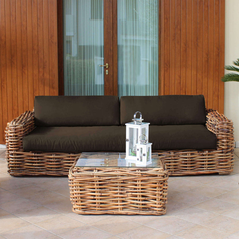 Divano Polinesia 3 Posti con Cuscini 75x265x105 cm in Rattan Marrone
