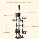 Albero Tiragraffi Multilivello a Soffitto Altezza Regolabile 240-260 cm con Casette e Letti in Peluche e Sisal Grigio  