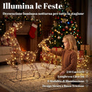 Decorazione Natalizia da Esterno 3 Pezzi Renne e Slitta 78x22x105 cm con 240 LED 8 Illuminazioni Timer e IP44 in Metallo e Rattan PP      