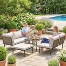 Set 6 Pezzi Mobili da Giardino Divano Angolare Poltrone con Cuscini e Tavolino in Metallo Grigio Chiaro      