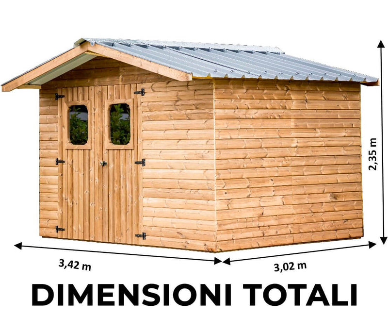 Casetta Box da Giardino 3,16x2,4 m Senza Pavimento in Legno Picea Massello 19mm Tetto in Acciaio Therma