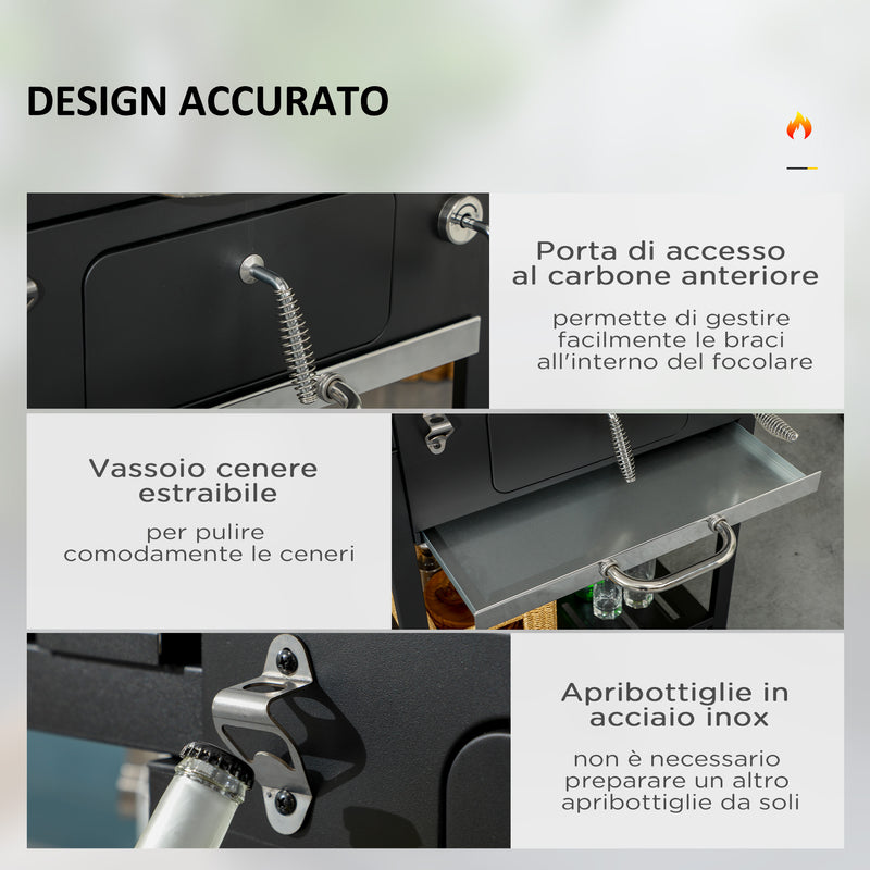 Barbecue a Carbone Griglia Regolabile con Coperchio Ruote e Tavolini Nero 