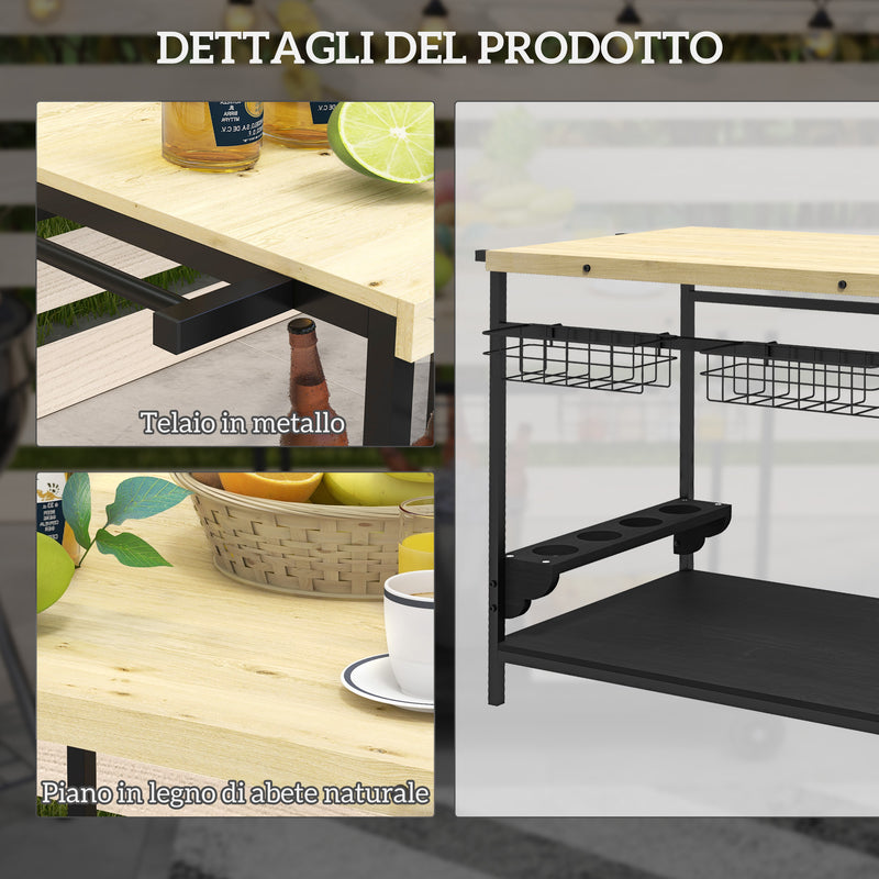 Carrello da Giardino a 2 Ripiani 97.5x65x81 cm con Portabottiglie in Legno di Abete