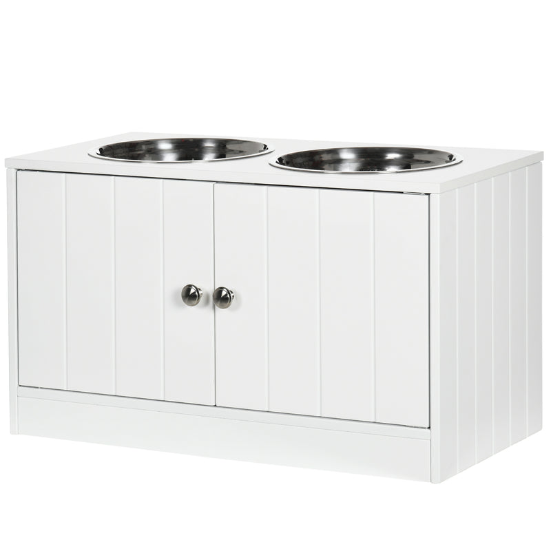 Ciotole per Cani Rialzate con Armadietto da 44L e 2 Ciotole in Acciaio 60x30x35.5cm Bianco