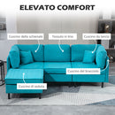 Divano Componibile a L con Braccioli e Poggiapiedi 222x154.5x71 cm in Tessuto Effetto Lino Blu e Nero