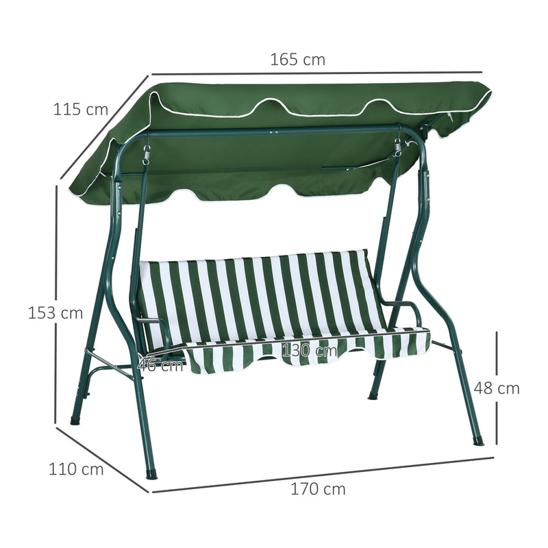 Dondolo 3 Posti con Tettuccio Regolabile 170x110x153 cm in Acciaio e Poliestere Verde e Bianco