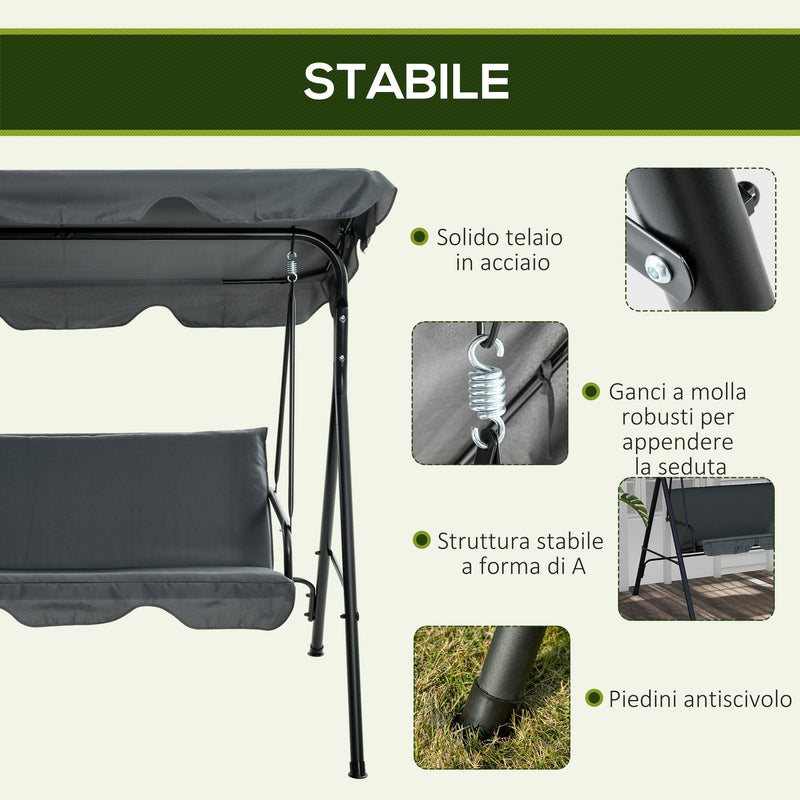 Dondolo 3 Posti con Tettuccio Regolabile 172x110x153 cm in Acciaio e Poliestere Grigio