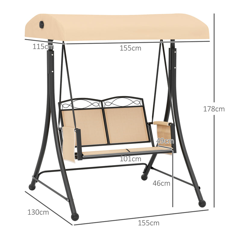 Dondolo da Giardino 2 Posti con Tetto Parasole Regolabile e Tasche Laterali Beige