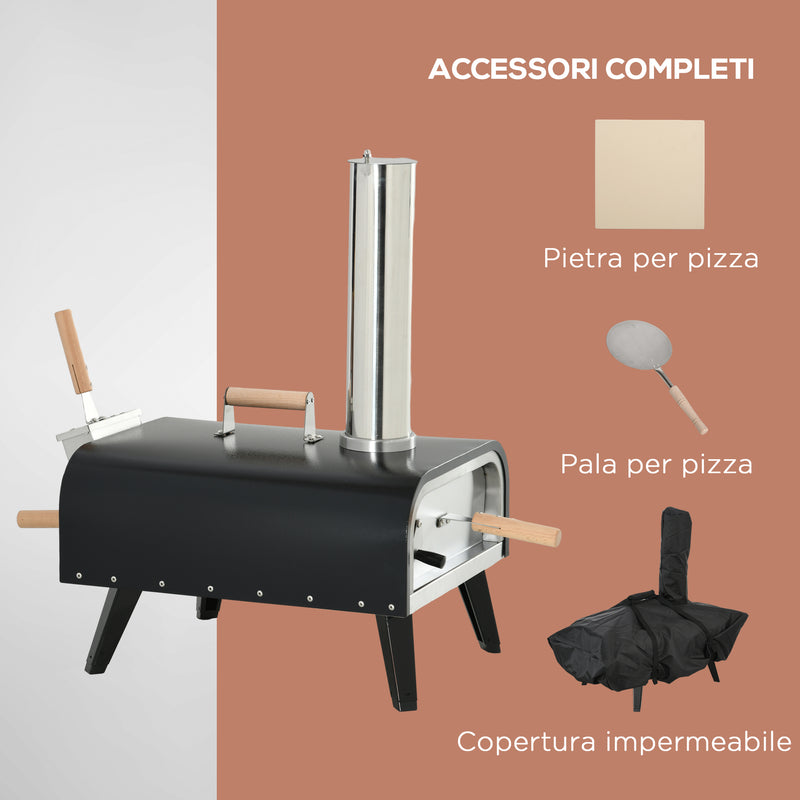 Forno per Pizza Pieghevole e Portatile con Pala e Pietra 81x40x72 cm in Acciaio e Legno Nero