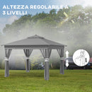 Gazebo da Giardino con Luci LED 336x336x250-270 cm in Acciaio e tessuto Oxford Grigio