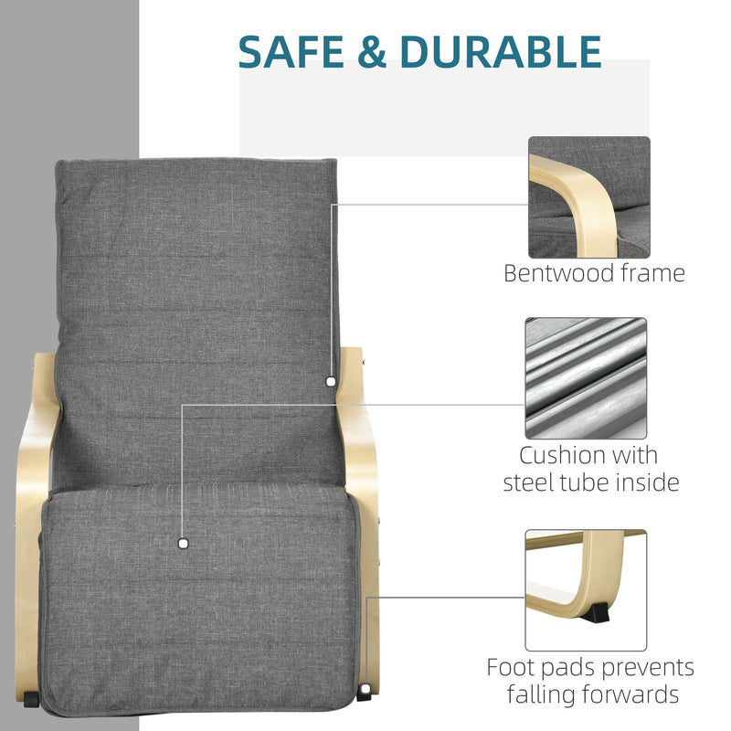 Poltrona Relax con Poggiapiedi a 5 Livelli e Poggiatesta in Legno di Betulla e Tessuto Grigio