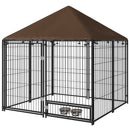 Recinto per Cani con Porticina per Ciotole 141x141x151 cm in Metallo e Tessuto Oxford Nero e Marrone