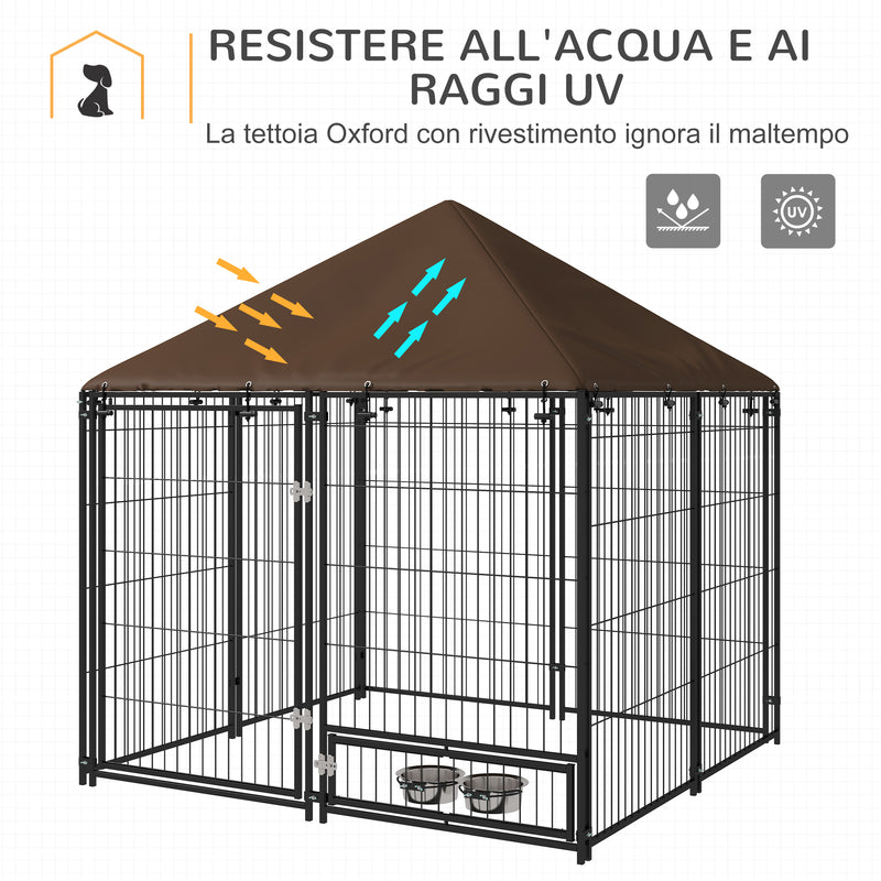Recinto per Cani con Porticina per Ciotole 141x141x151 cm in Metallo e Tessuto Oxford Nero e Marrone