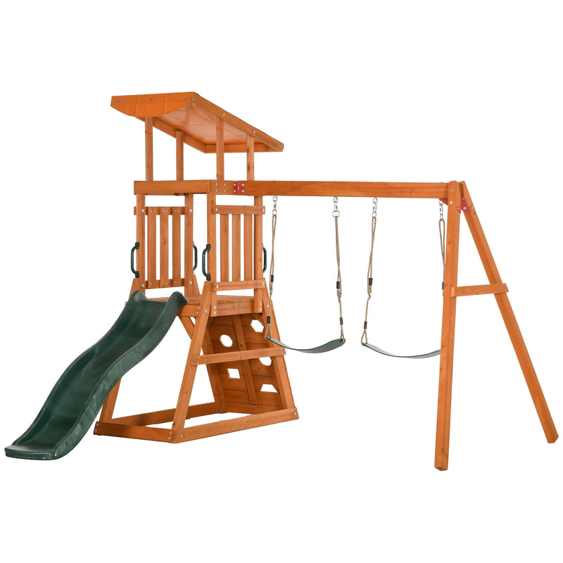 Set con Scivolo 2 Altalene da Giardino e Parete da Arrampicata per Bambini 261x269x228 cm in Legno
