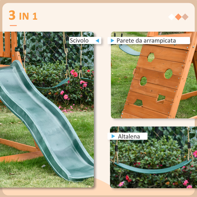 Set con Scivolo 2 Altalene da Giardino e Parete da Arrampicata per Bambini 261x269x228 cm in Legno