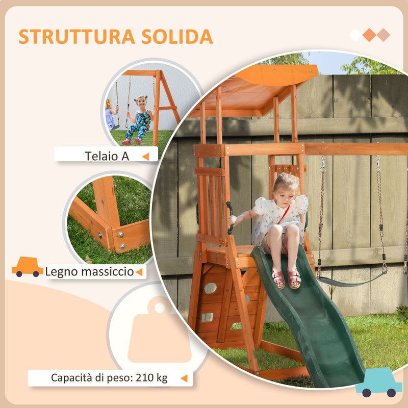 Set con Scivolo 2 Altalene da Giardino e Parete da Arrampicata per Bambini 261x269x228 cm in Legno