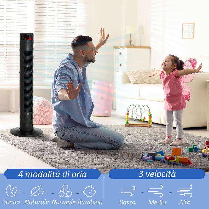 Ventilatore a Torre 45W a 4 Modalità e 3 Velocità con Timer da 12h 31.5x31.5x96 cm in ABS Nero