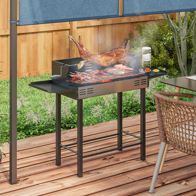 Barbecue a Carbone a 3 Livelli con Mensole Pieghevoli e Girarrosto 118x32x90 cm in Acciaio Inox Nero