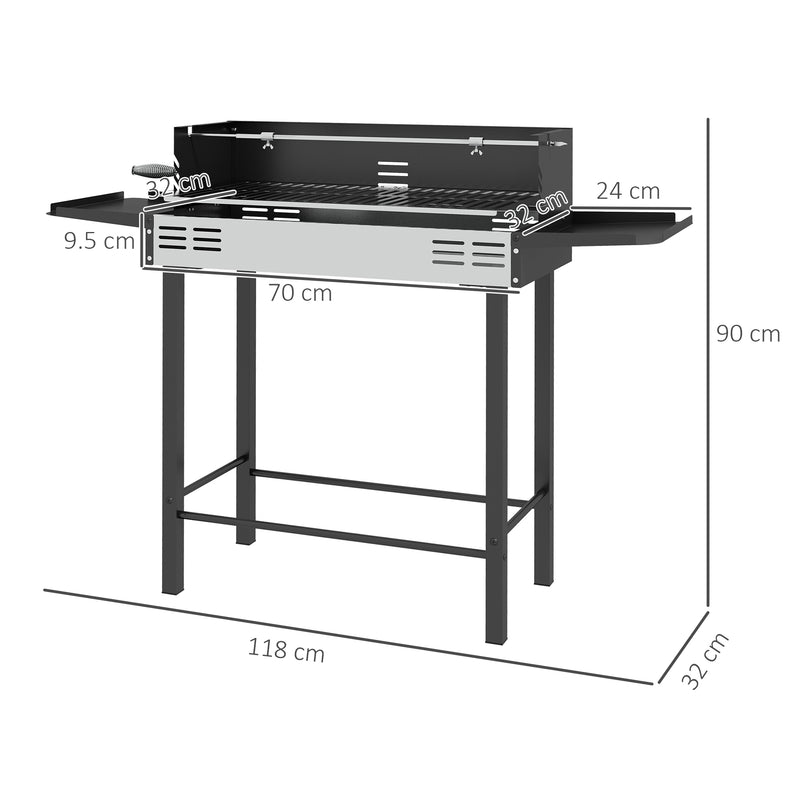 Barbecue a Carbone a 3 Livelli con Mensole Pieghevoli e Girarrosto 118x32x90 cm in Acciaio Inox Nero
