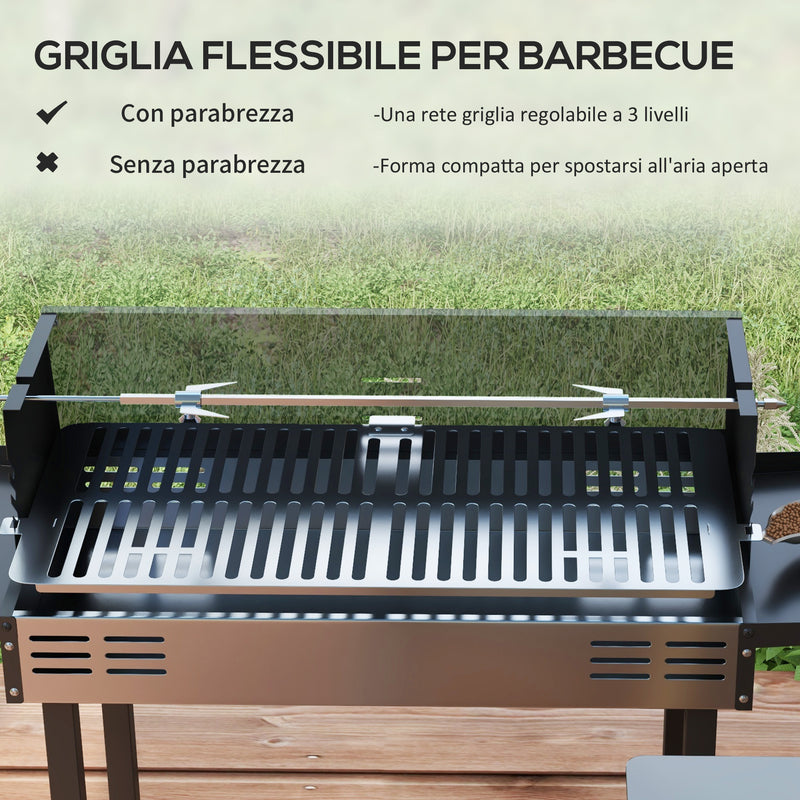 Barbecue a Carbone a 3 Livelli con Mensole Pieghevoli e Girarrosto 118x32x90 cm in Acciaio Inox Nero