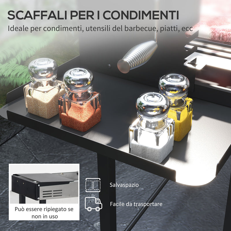 Barbecue a Carbone a 3 Livelli con Mensole Pieghevoli e Girarrosto 118x32x90 cm in Acciaio Inox Nero