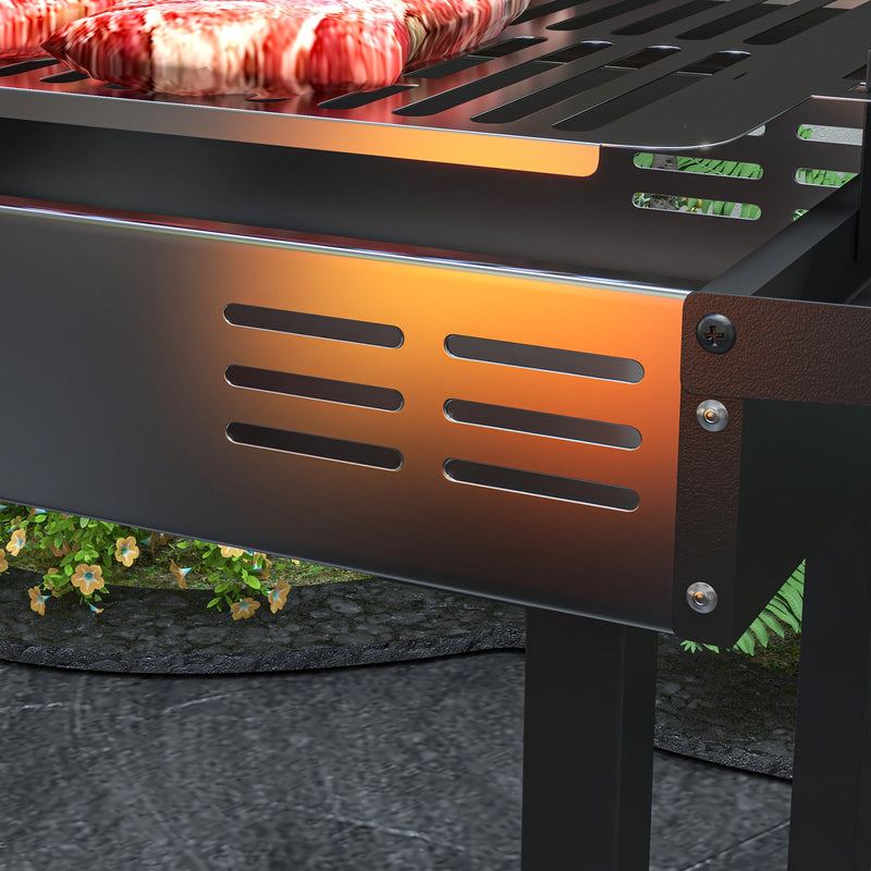 Barbecue a Carbone a 3 Livelli con Mensole Pieghevoli e Girarrosto 118x32x90 cm in Acciaio Inox Nero