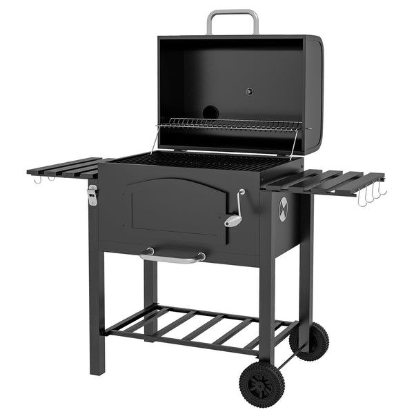 Barbecue da Giardino a 2 Ruote con Griglia Affumicatore e Fornello 124x66x112 cm in Metallo e Ghisa Nero acquista