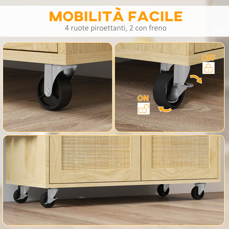 Carrello da Cucina con Piano Pieghevole 120x68x89 cm in Legno e Rattan Stile Boho