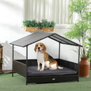 Casetta per Cani Rialzata con Cuscino Sfoderabile 117x85x89 cm in Rattan PE e Acciaio Grigio e Marrone