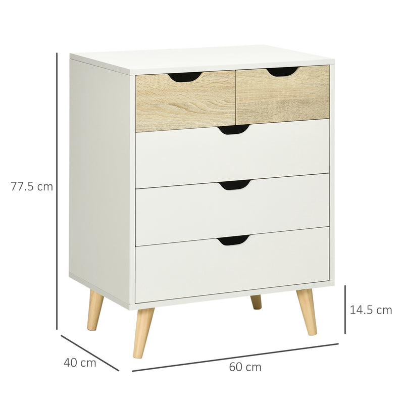 Cassettiera a 5 Cassetti per Camera da Letto con Maniglie Intagliate 60x40x77,5 cm in Legno Melaminico e Legno di Pino Bianco