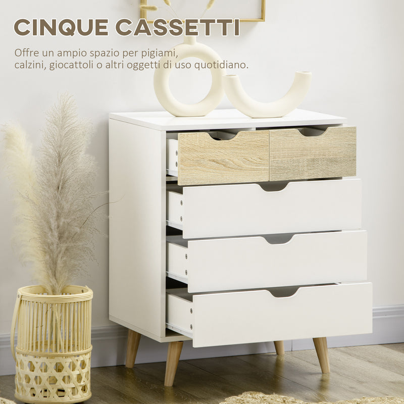 Cassettiera a 5 Cassetti per Camera da Letto con Maniglie Intagliate 60x40x77,5 cm in Legno Melaminico e Legno di Pino Bianco