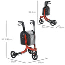 Deambulatore ad Altezza Regolabile con 3 Ruote e Tasca Portaoggetti 68x68x86,5-99 cm in Alluminio Rosso