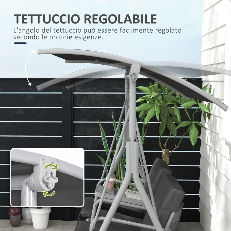 Dondolo 2 Posti con Tavolino e Portabicchieri 175x110x165 cm in Metallo e Poliestere Grigio