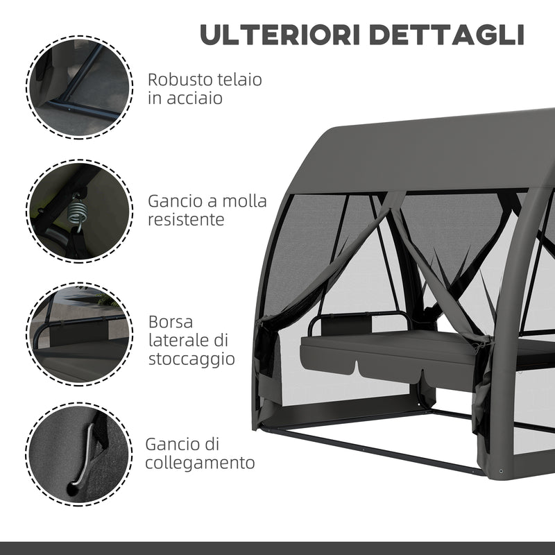 Dondolo da Giardino 2 in 1 Convertibile in Letto 240x140x197 cm con Cuscini e Zanzariera Grigio
