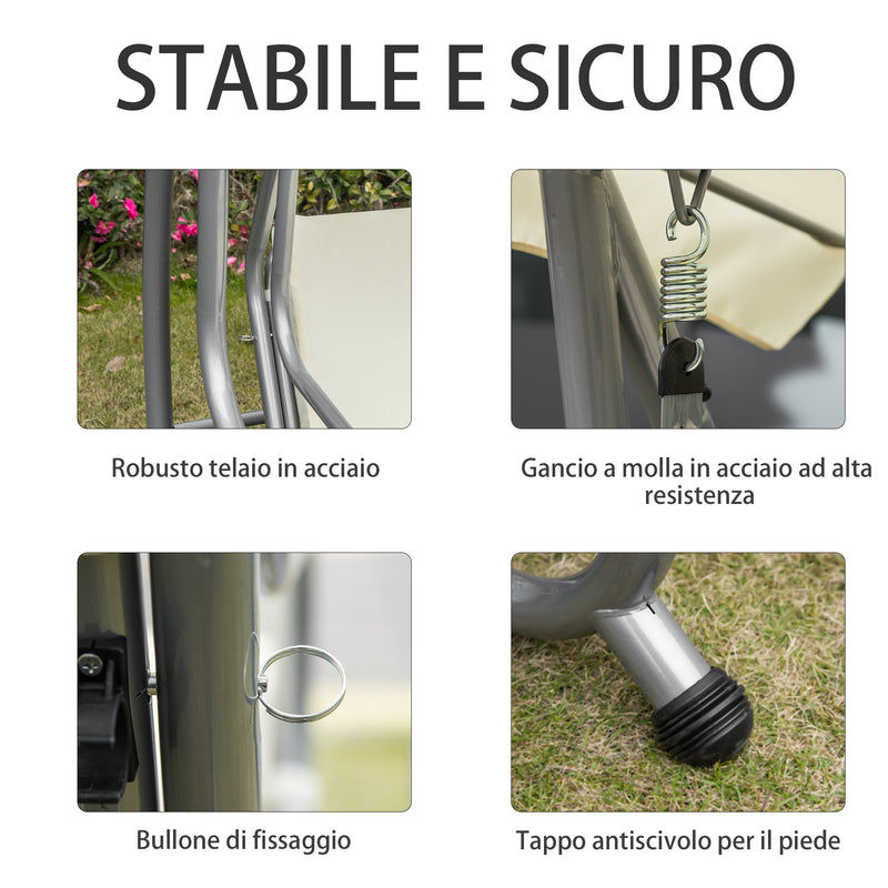 Dondolo Letto da Giardino 3 Posti 200x120x164 cm con Tetto Regolabile e 2 Portabicchieri Crema