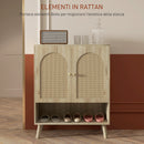 Mobile Multiuso in Stile Boho 80x38x100 cm con Ante in Rattan e Ripiano Aperto Rovere
