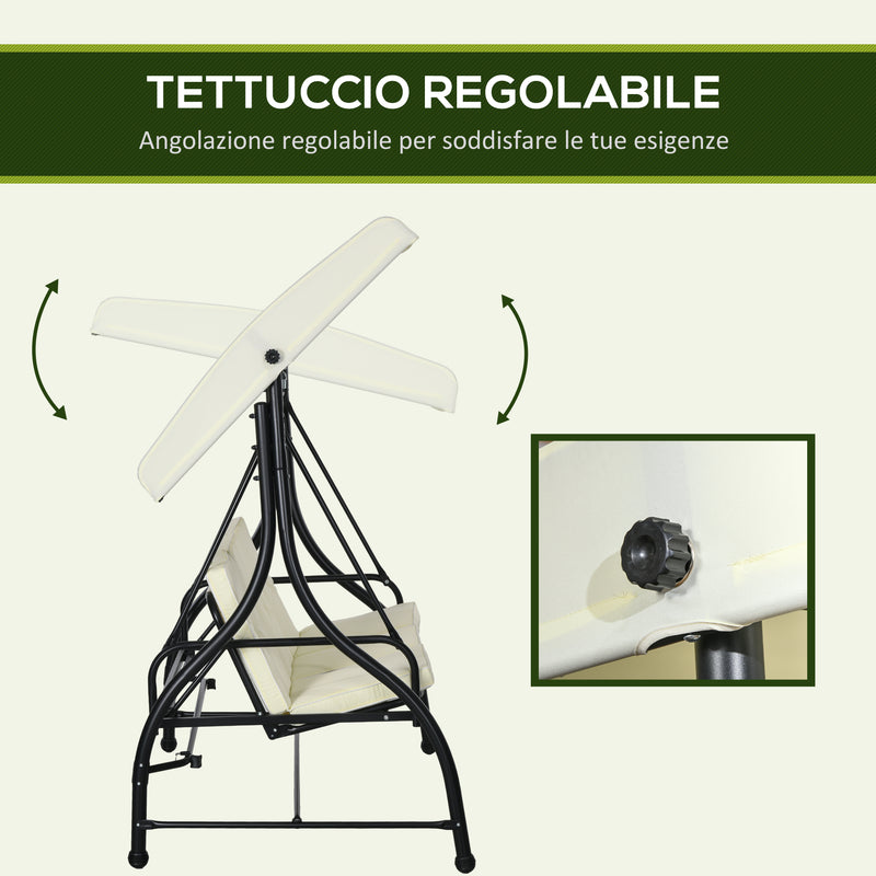 Dondolo Letto da Giardino 3 Posti con Tettuccio Regolabile 195x117x175 cm in Acciaio e Poliestere Crema e Nero