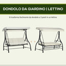 Dondolo Letto da Giardino 3 Posti con Tettuccio Regolabile 195x117x175 cm in Acciaio e Poliestere Crema e Nero