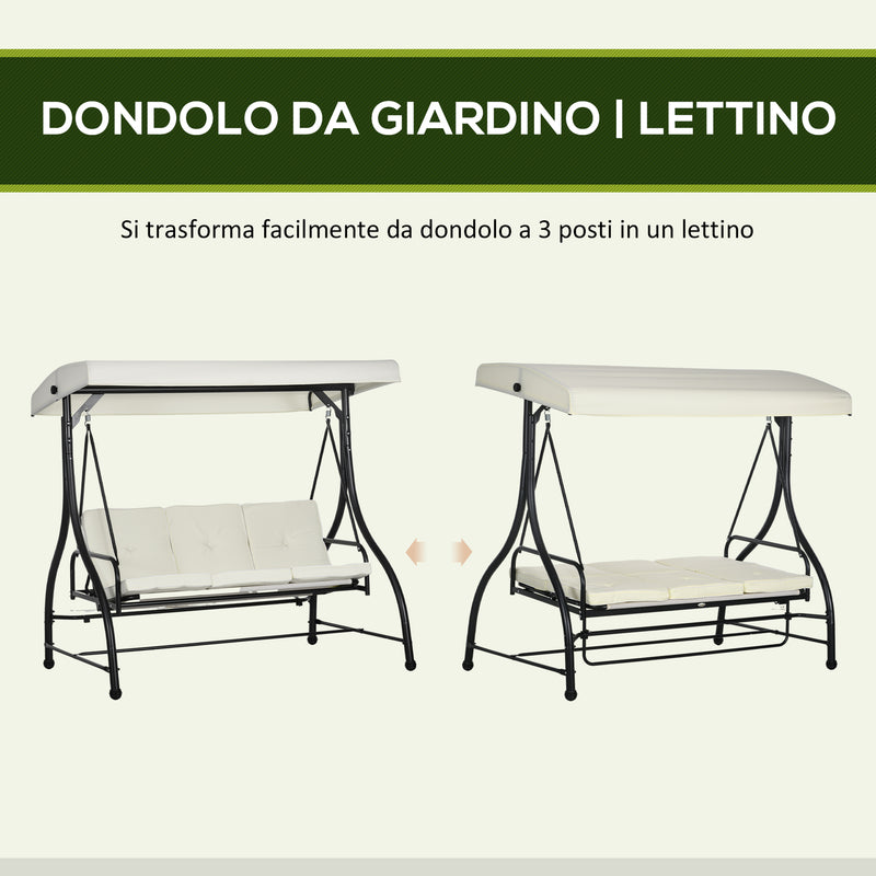 Dondolo Letto da Giardino 3 Posti con Tettuccio Regolabile 195x117x175 cm in Acciaio e Poliestere Crema e Nero