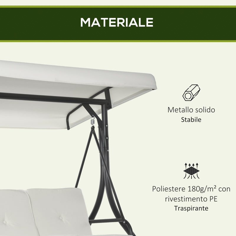 Dondolo Letto da Giardino 3 Posti con Tettuccio Regolabile 195x117x175 cm in Acciaio e Poliestere Crema e Nero