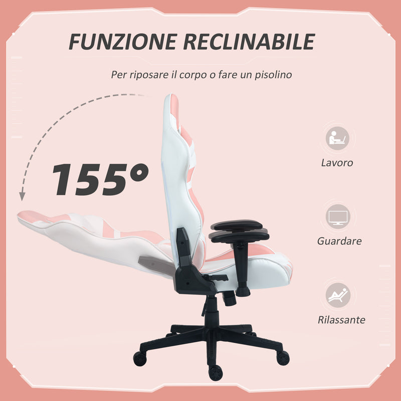 Sedia da Gaming Reclinabile 155° con Poggiatesta e Supporto Lombare 69x54x125-132,5 cm in Similpelle Rosa