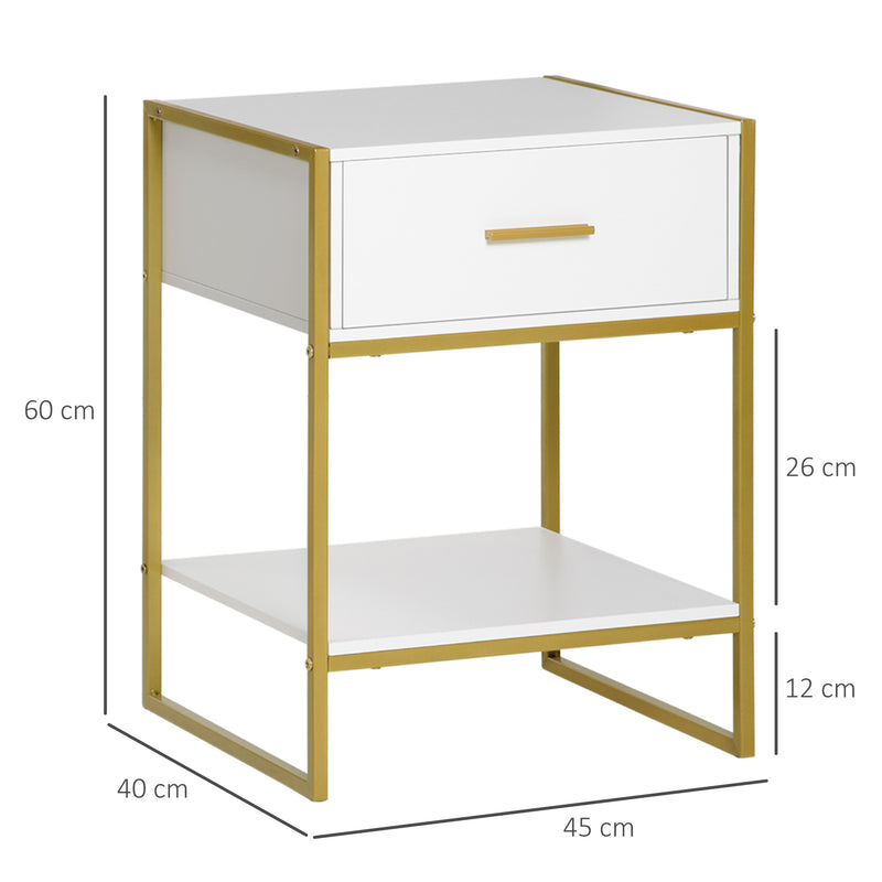 Set 2 Comodini Moderni con Cassetto e Ripiano Aperto 45x40x60 cm in MDF e Acciaio Bianco e Oro