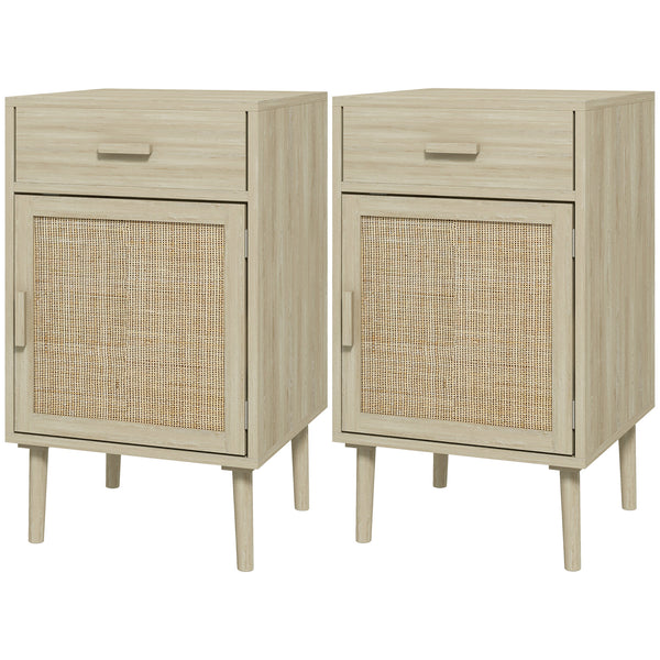 sconto Set 2 Comodini per Camera da Letto con Cassetto e Anta 40x40x68,5 cm in Rattan Stile Boho Naturale